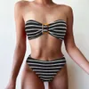 Bikini Swimsuit Women's Sexy and Fashionable Strapless Black Horizontal Striped Printed Split Swimsuit