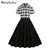 Partykleider gelbe schwarze schwarze Zwei -Töne -50er -Rockabilly -Baumwollkleid -Frau Kleidung 2024 Sommer Frauen gekerbter Kragenknopf mit Gürteltisch formelle