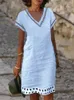 Leer katoenen linnen vrouwen kanten jurk witte v-neck elegante jurken vrouwelijke zomer mode casual losse strandkleding dames 240418