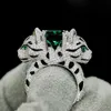 925 Anneau en or plaqué argenté High Carbon Diamond Green Tourmaline / Baojia Animal Pearl Series / Cat Leopard Cat à double tête Cool 240420