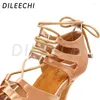 Dansschoenen Dileechi Latin Lace-Up vrouwen Ballroom Dancing brede/ smalle voet salsa Cubaanse hiel 9 cm huid/ bronzen satijn