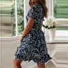 Femmes Robes Été 2024 Sexy V Neck Floral Print Boho Beach Robe Ruffle Sleeve Classe une ligne Mini Wrap Sundress Robe 240418