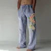 Spodnie Summer Men Faux Linen Pants kwiatowy nadruk szerokie nogi długie spodnie swobodny oddychający duży rozmiar Wygodny sznurka luźne spodnie