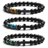 Hilos de moda religión cross hombres mujeres 8 mm de piedra natural ojo de tigre negro ágata mate negro brazalete pulsera elástica joyería