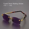 Purple Crystal Reading Glasses Women Acetate Rimless Glass Presbyopic Diopter Natural Stone Mineral Lens 1.0 4.0 Top Quality 240415