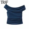 TRAF Pleated Asymmetric Crop Top Women Ruched Off The Shoulder Top Female Sleeveless Sexy Tops Woman Fashion Streetwear Tops 240408