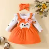 Sets luisterwind 02y babymeisjes herfst outfit sets met lange mouwen Fox Print Romper en Orange Suspender rokhoofdbandsets