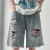 Zomerheren baggy rechte denim shorts Koreaanse stijl mode casual los gebroken gat korte jeans mannelijk blauw s-2xl 240422