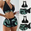 Kadınlar Seksi Plaj Bikini Üç Parça Bikini Seti Yüksek Bel Mayo Mayo Yaprak Baskı Bankası Sahili Sahil Giyim Banyosu 240410