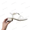 2C metal buckle thong sandal black white leather T straps sandals Women block heel summer Shoes Chunky mid Heeled dress shoe With Crystal-embellished Flops