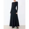 Casual Dresses 2024 Autumn Women Sheep Wool Black Knitted Splicing Slim Fit Long Sleeve Dress