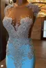 2024 Light Blue Mermaid Prom Dresses Jewel Neck Silver Crystal Rhinestone Beads Cap Sleeves Evening Gowns Formal Dress Sweep Train Open Back