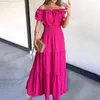 Casual Dresses Lady Short Sleeve Dress Elegant Off-shoulder Lace-up Maxi Feminine Party Attire With Shirring Bubble Sleeves Ruffle Hem