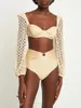 Beige Langarmed Mesh Bikini Set für Frauen Design fühlt hohe Taille Strandoutfits 2 Stück Badeanzug Deck maxi Kleid 240423