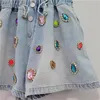 Women's Shorts European Style 2024 Summer Heavy Hand Studded Rhinestone Elastic High Waist Loose And Slimming Denim Wide Leg Women