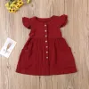 셔츠 여름 유아 아이의 옷 아기 소녀 드레스 주름 슬리브 면화 파티 어린이 여자 버튼 포켓 드레스 선 드레스