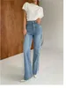 Frauen Jeans hohe Taille Frühling Sommer lang ausgestellte Hosen Frauen Fringe Split Patchwork Fashion Ladies Hosen koreanische lässige Frau Hosen