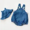 One-pièces printemps d'été Nouveaux vêtements pour bébés filles et bébé garçon fille denim Suspender Romper + chapeau 02 ans