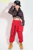 Stage Wear Girls Hip-Hop Clothing Camisa a cuadros con chaleco de ombligo expuesto Pantalones casuales Red