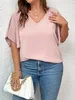 Plus Size 1XL5XL Womens Tshirt Solid Color V Neck Bell Sleeve Blouse Slight Stretch Casual Pullovers Shirt Top 240419