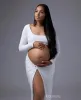 Kuddar moderskapsfoto fyrkantig hals ihålig utskärning kvinnors sexiga kryddflicka i midjelös gravid kvinna krage solid hög slits klänning