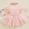 ワンピースpudcoco幼児の女の赤ちゃん2ピース服メッシュレースパッチワークラッフルロンパードレスとヘッドバンドかわいいファッション夏の服018m