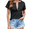 Kadın Tişörtleri Kadınlar Yaz Kısa Kelepçe Kollu T-Shirt V-Yok Düğmesi Katı Kaburga Temel Üstü