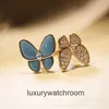 Roches de bijoux haut de gamme pour Vancleff Womens Double Butterfly Anneau Femme NOUVEAU TURQUISE DIAMOND OUVERT RING ORIGINAL 1: 1 avec un vrai logo et une boîte