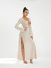 Robes décontractées Femmes S Crochet Midi Robe à manches longues V Couc Hollow Out Voir à travers Mesh High Slit Summer Club