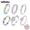 Ringar Wostu Authentic 925 Sterling Silver Rainbow Heart Paw Eye Pink Flower Engagement Zircon Rings for Women Women Original smycken