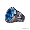 Wedding Rings Retro Handmade Turkish Rings for Men Vintage Metal Carving Pattern Silver Color Inlaid Blue Zircon Punk Ring Muslim Jewelry