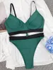 Kvinnors badkläder Fashion Green Swimsuit Push Up Bikini Thong High midja Splicing 2 -stycken Kvinnor Brasiliansk strandbaddräkt Bikinisuppsättningar