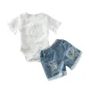 Sets New 024M Summer Baby Girl Clothes Sets Long Sleeve Lace Romper Suit Triangle Crotch Cotton Top Hole Jeans Denim Pant 2P Outfit