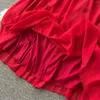 Robes décontractées français vintage en V plis plies de manches bouffantes solides robe longue robe A-line élégante femme mode automne