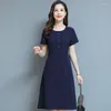 Casual jurken zomerjurk vrouwen elegante solide vintage 2024 o-neck slanke A-lijn korte mouw voor hoge kwaliteit