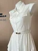 Casual Dresses High Quality Slim White Fairy Dress with Belt Spring Summer Elegant Fashion Banket Prom Gown ärmlös från Shoulder Mori