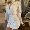 Party Dresses 18072#Elegant White V-Neck Wrap Buttocks Short Dress Exquisite Neckline Rose Long Sleeved Open-Back Mini Evening