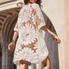 2024 Summer Beach Mesh Poncho para feminino de maiô Lace Open Kimono Beachwear Blush Cardigan Holiday Sexy Capas 240416