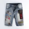 Slim Fit denim vijfpunt borduurwerk met bontranden zomer dun mode label Distressed casual heren shorts trendy