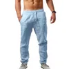 Pants Men Cotton Linen Trousers Joggers Casual Solid Elastic Waist Straight Loose Sports Running Plus Size Mens Clothing 240424