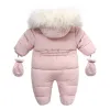 Enstycken 2023 Ny vinter baby rompers tjock varm spädbarn huva inuti fleece jumpsuit nyfödd pojke flicka overalls småbarnskläder
