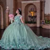 Мята зеленая принцесса Quinceanera Планчики от плеча 3D цветочная аппликация Pupeby юбка Corset vestidos de 15 Anos Quinceaneras 2024