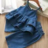 Humor Bear Summer Girls Clothing Set Korean Denim Suspender Jacket Topwide Ben Pants 2st Casual Kids Clothes 240424