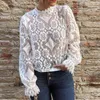Women's T Shirts Sexy Sheer Long Sleeve Stand Collar Lace Pullover Top