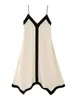 カジュアルドレスサマードレス女性非対称裾コントラストカラートリムバケーションビーチミディvネックノースリーブスパゲッティストラップ
