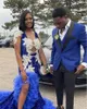 Meerjungfrau Royal Blue African Prom Kleider für Frauen Kristall Seite Split Rüschen Geburtstagsfeier Kleid Langes Schwanzkleid Kleid
