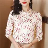 Chemise de soie florale de luxe Longe à manches à manches longues duigner couche couche blanc blouses élégant dame bouton de bureau de bureau 2024 printemps automne doux chemisier mignon tops