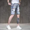 Slim Fit denim vijfpunt borduurwerk met bontranden zomer dun mode label Distressed casual heren shorts trendy