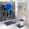 Red Rose Butterfly Bathroom Anti-slip Mat Set Durable Waterproof Shower Curtain Set Pedestal Rug Lid Toilet Cover Bath Mat Rugs 240419