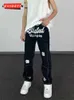 Jeans masculinos Carta de rua High Street Bordado calças de rua frito Hip Hop Retro Loose Mens Denim Troushers Straight Streetwear Casual calças 240423